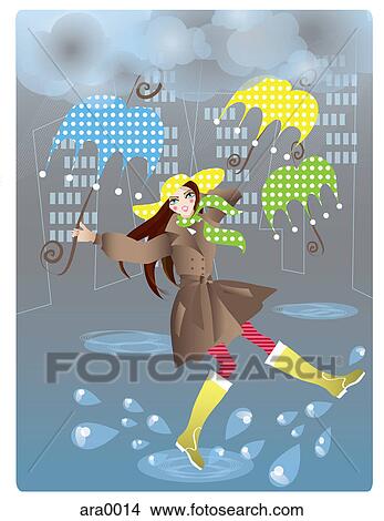 Stock Illustration - A woman walking in the rain with umbrellas. Fotosearch