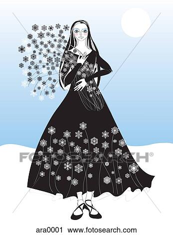 Clip Art - A woman wearing a black dress holding flowers. Fotosearch