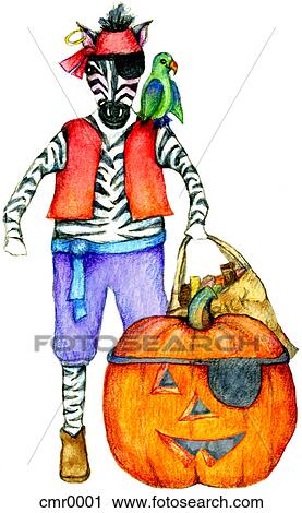 A zebra dressed as a pirate with a parrot on his shoulder and a pumpkin in front of him View Large Illustration Clip Art - A zebra dressed as a pirate with a parrot on his shoulder and a pumpkin in front of him. Fotosearch