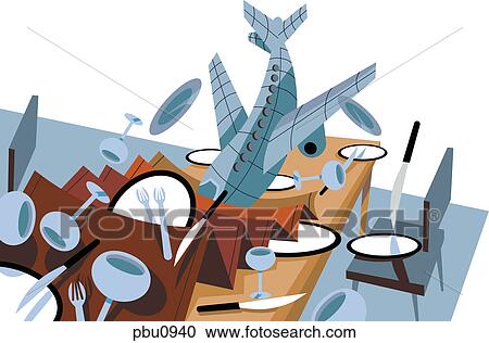 An airplane that has crashed into a dinner table View Large Illustration Clipart - An airplane that has crashed into a dinner table. Fotosearch