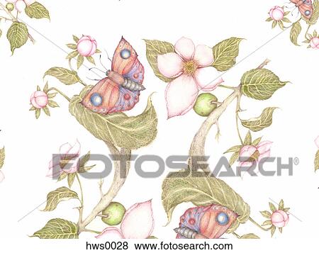 An apple tree with pink blossoms and blue eyed butterflies View Large Illustration Stock Illustration - An apple tree with pink blossoms and blue eyed butterflies. Fotosearch