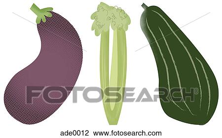 An eggplant, celery, and zucchini View Large Illustration Drawing - An eggplant, celery, and zucchini. Fotosearch