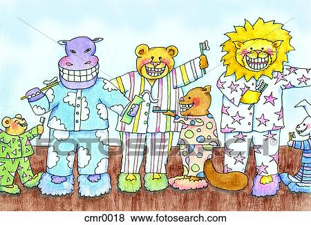 Stock Illustration - Animals getting ready to brush their teeth. Fotosearch