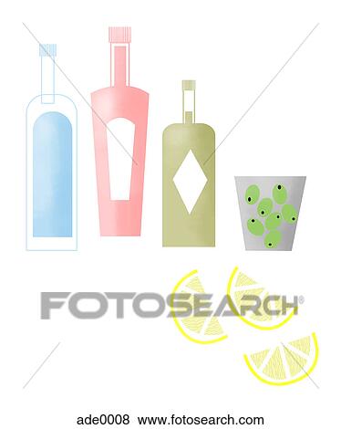 Stock Illustration - Bottles of alcohol and olives and lemon. Fotosearch