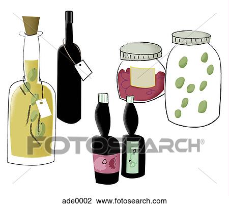 Bottles of oil, sauces, wine, and food View Large Illustration Drawing - Bottles of oil, sauces, wine, and food. Fotosearch