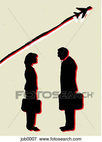 Business people talking with a plane soaring overhead View Large Illustration Stock Illustration - Business people talking with a plane soaring overhead. Fotosearch
