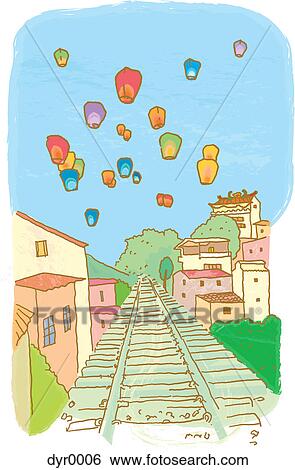 Chinese lanterns floating in the sky View Large Illustration Stock Illustration - Chinese lanterns floating in the sky. Fotosearch