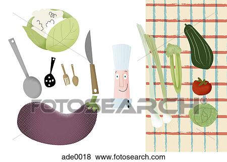 Food preparation tools and vegetables View Large Illustration Stock Illustration - Food preparation tools and vegetables. Fotosearch