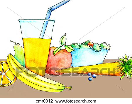 Drawing - Fruits and vegetables and a drink and salad. Fotosearch