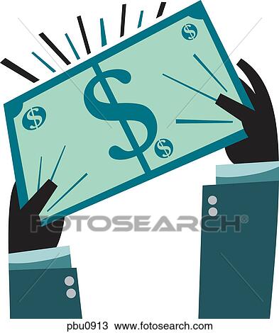 Drawing - Hands holding a dollar bill. Fotosearch