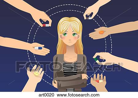 Clipart - Hands offering a woman different pills. Fotosearch