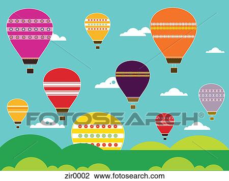 Hot air balloons in the sky View Large Illustration Drawing - Hot air balloons in the sky. Fotosearch