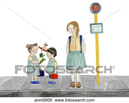 Stock Illustration - Kids in uniform waiting at a bus stop. Fotosearch