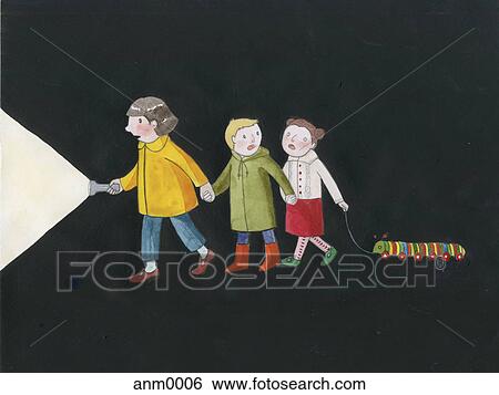 Kids walking hand in hand in the dark View Large Illustration Stock Illustration - Kids walking hand in hand in the dark. Fotosearch
