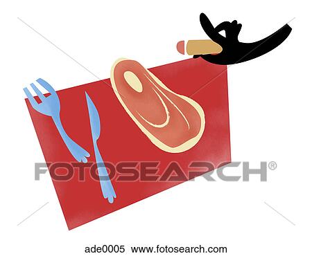 Meat on a placemat with a knife and fork View Large Illustration Stock Illustration - Meat on a placemat with a knife and fork. Fotosearch