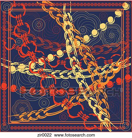 Drawing - Orange, yellow, and blue design with flowers and chains. Fotosearch
