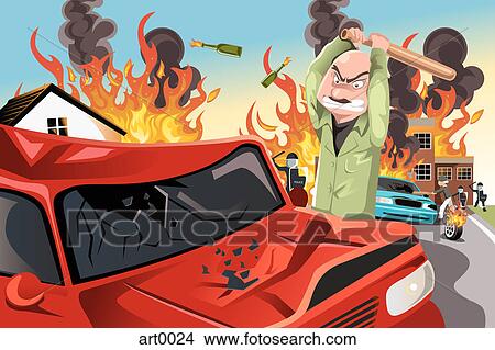Stock Illustration - Rioters damaging cars and throwing Molotov cocktails. Fotosearch