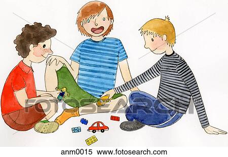 Three children playing with their toys View Large Illustration Stock Illustration - Three children playing with their toys. Fotosearch