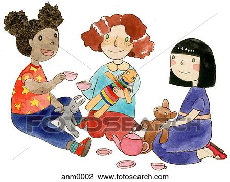 Three Girls Playing With Toys Drawing Anm0002 Fotosearch