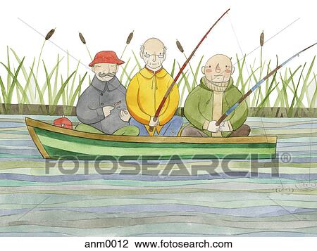 Drawing - Three older men in a boat fishing. Fotosearch