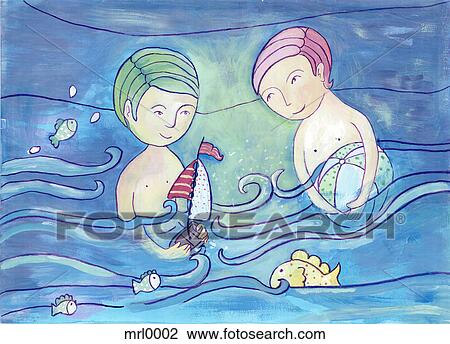 Drawing - Two boys playing in water. Fotosearch