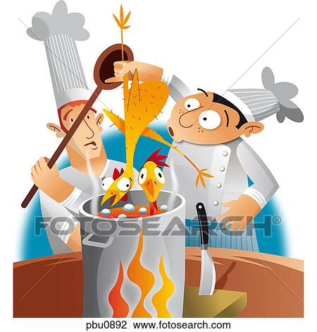 Drawing - Two chefs cooking chicken. Fotosearch
