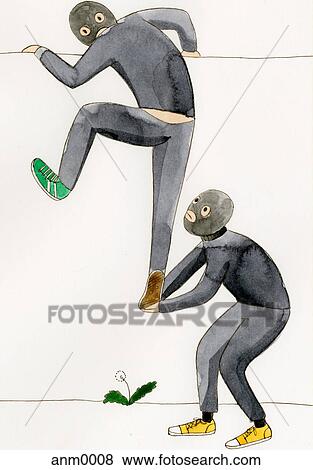Stock Illustration - Two masked men climbing a wall. Fotosearch