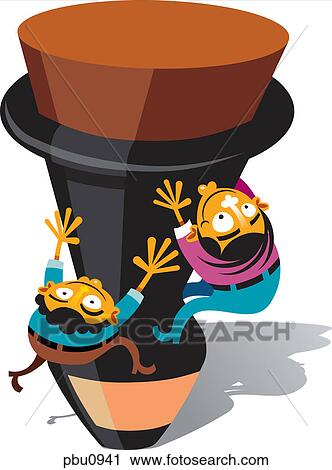 Clip Art - Two men climbing to the top of a wine bottle. Fotosearch