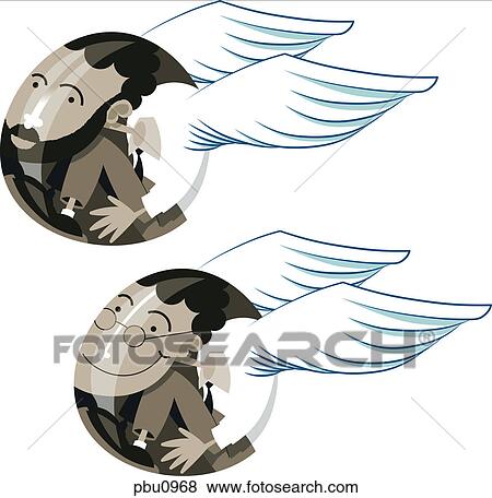 Stock Illustration - Two men floating in bubbles with angel wings. Fotosearch