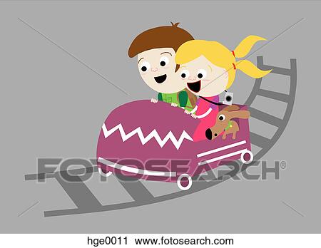 Clip Art - Two people and a dog on a roller coaster. Fotosearch