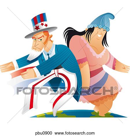 Two people standing on a globe pushing up against one another View Large Illustration Clipart - Two people standing on a globe pushing up against one another. Fotosearch