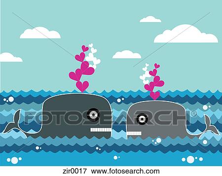 Stock Illustration - Two whales with hearts coming out of their blowholes. Fotosearch