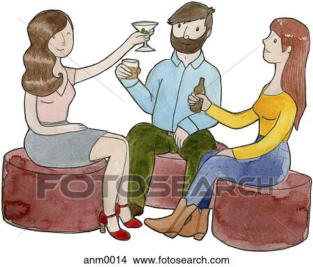 Stock Illustration - Two women and a man holding their drinks up. Fotosearch