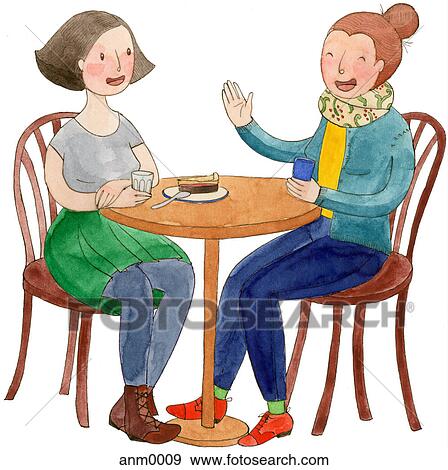 Stock Illustration - Two women at a cafe. Fotosearch