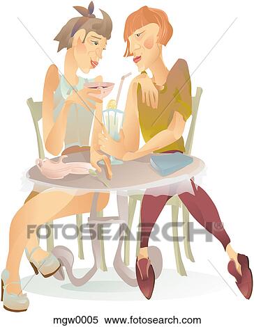 Stock Illustration - Two women having drinks at a cafe. Fotosearch