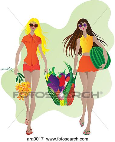 Stock Illustration - Two women holding a bag full of fruit and vegetables. Fotosearch