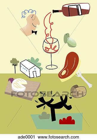 Wine being poured into a glass with a house, meat, and cheese and other things throughout View Large Illustration Clip Art - Wine being poured into a glass with a house, meat, and cheese and other things throughout. Fotosearch