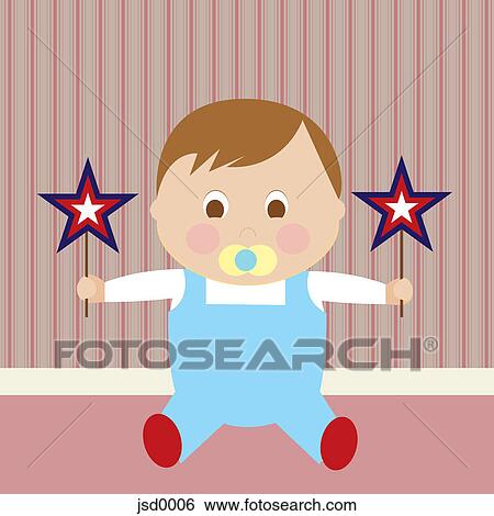 Stock Illustration - A baby boy holding up stars. Fotosearch