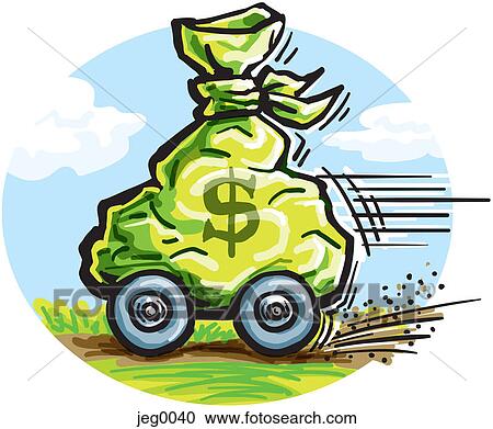 Clipart - A bag of money on wheels. Fotosearch