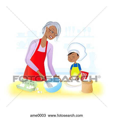 Drawing - A boy baking with his grandmother. Fotosearch