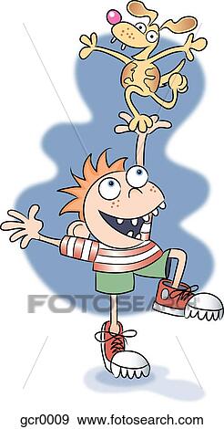 Stock Illustration - A boy balancing a dog on the palm of his hand. Fotosearch