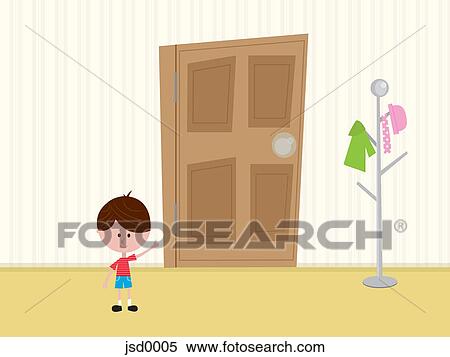 Stock Illustration - A boy pointing to a door. Fotosearch