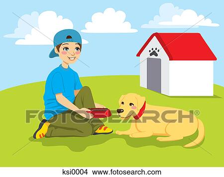 Stock Illustration - A boy setting down a dog bowl for his dog. Fotosearch