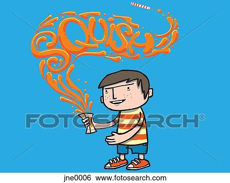 Stock Illustration - A boy squeezing a juice box. Fotosearch