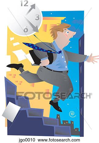Clipart - A businessman running down stairs in a hurry. Fotosearch