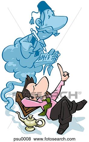 Stock Illustration - A businessman telling his wishes to a genie. Fotosearch