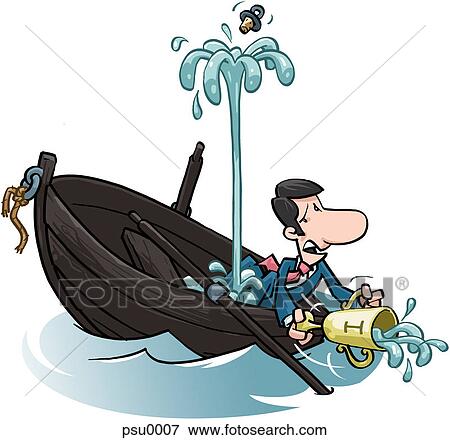 Stock Illustration - A businessman trying to get his boat to stop sinking by using a trophy. Fotosearch