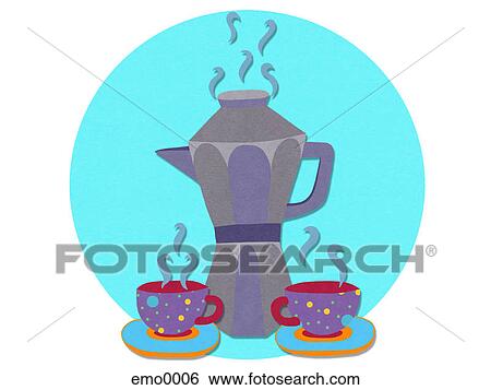 Stock Illustration - A carafe with steaming cups of coffee. Fotosearch