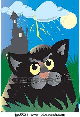 A cat in the forefront with a haunted house in the background View Large Illustration Drawing - A cat in the forefront with a haunted house in the background. Fotosearch