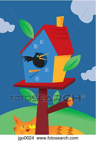 A cat looking at a bird inside a bird house View Large Illustration Stock Illustration - A cat looking at a bird inside a bird house. Fotosearch